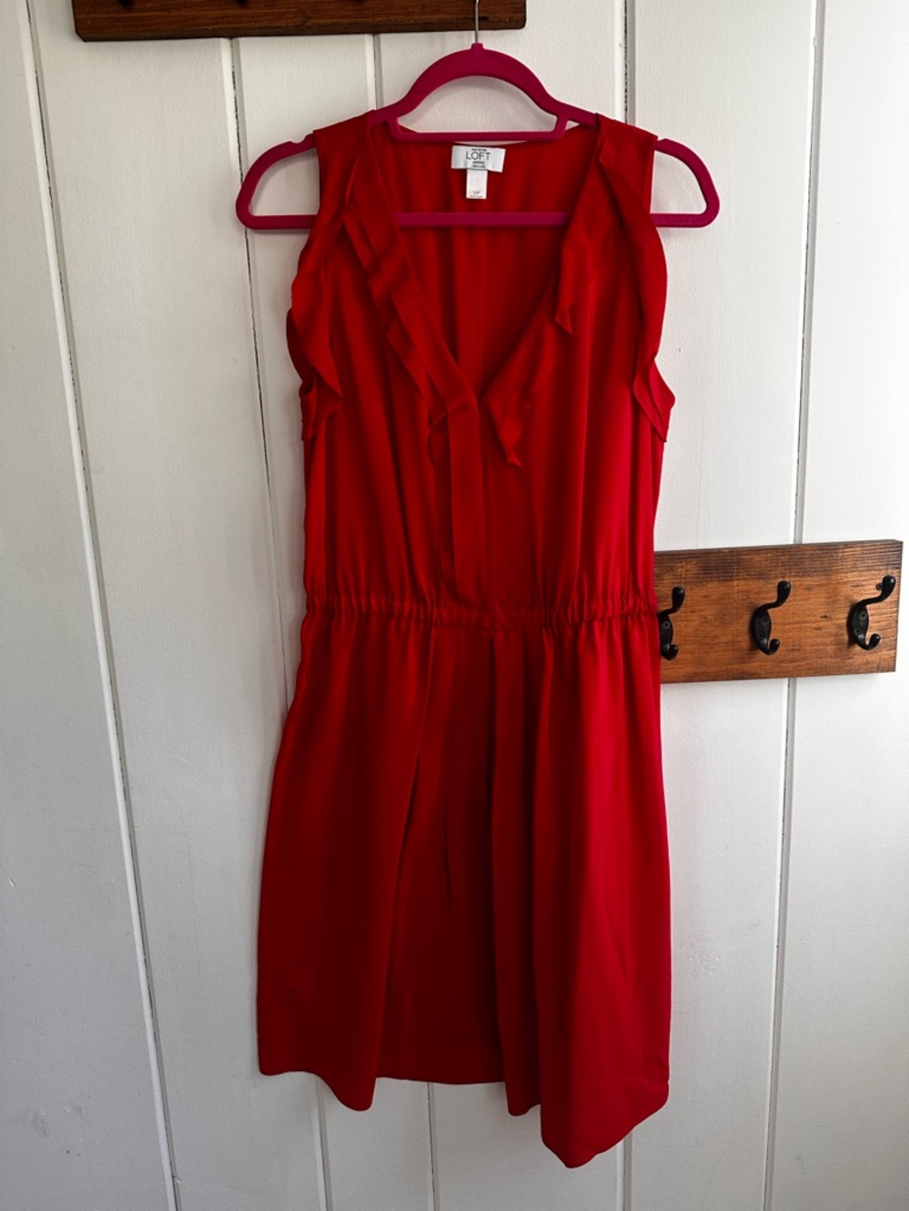 LOFT Red Sleeveless Ruffle V-Neck Silk Dress